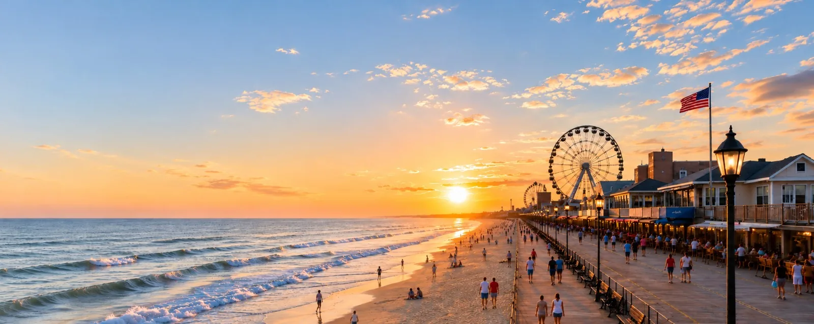 Ocean City beach and boardwalk at sunset, two blocks from The Linda Grande Hotel